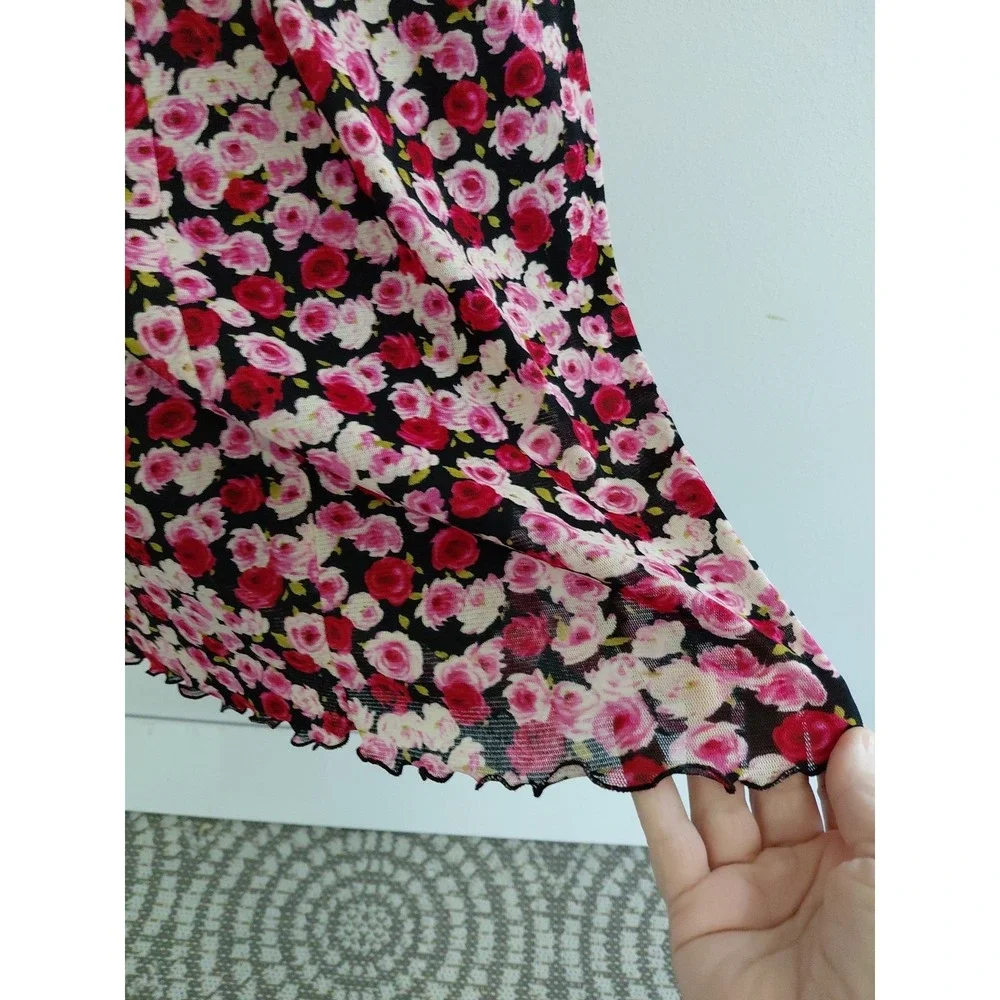 VTG Y2K 90s Zinc Mesh Dress XS/S Pink Red Floral Fairy Romantic Stretch Ruffle‎ - Picture 6 of 13